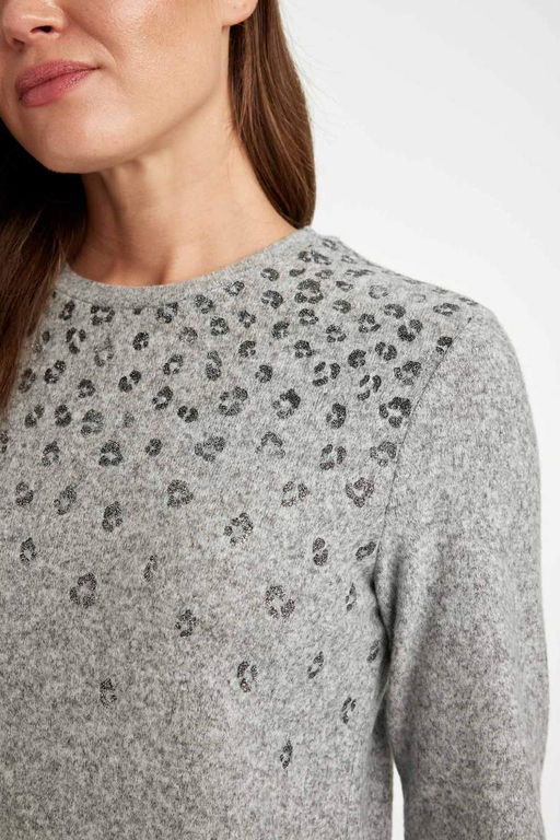 Женская футболка свободного покроя с круглым вырезом и леопардовым принтом с боковым разрезом и длинными рукавами - Defacto фото 5