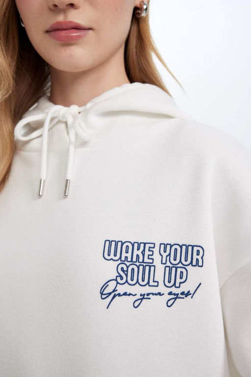 Женская белая толстая толстая толстовка оверсайз с широким кроем и капюшоном на спине - Defacto фото 6