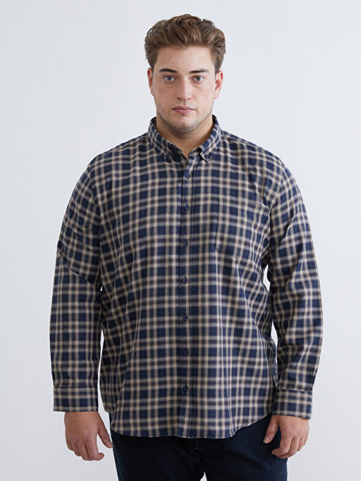 B?y?k Beden Regular Fit Uzun Kollu Ekose Gabardin Erkek G?mlek