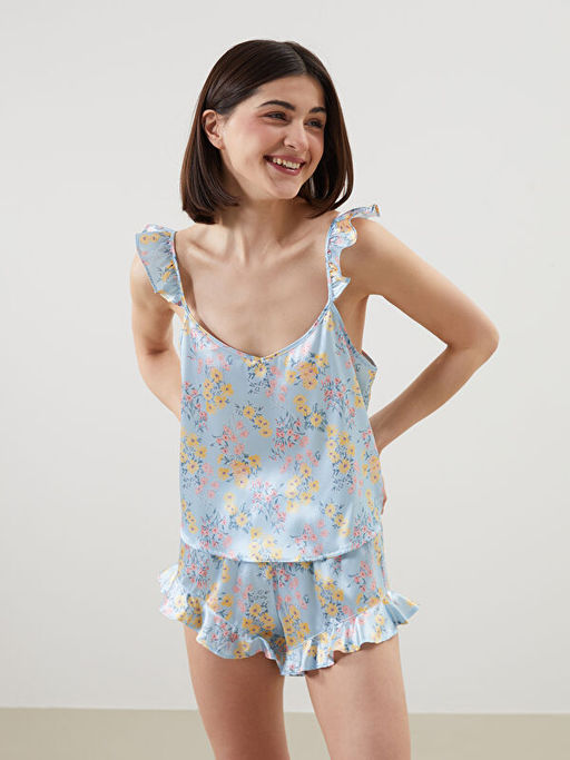V Yaka Saten Kad?n ?ortlu Pijama Tak?m?