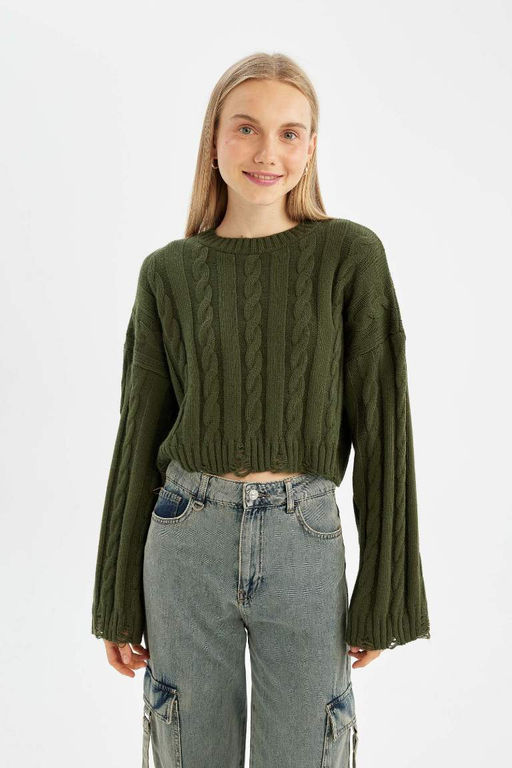 Женский плетеный трикотажный свитер обычного кроя с круглым вырезом и волосами - Defacto фото 3