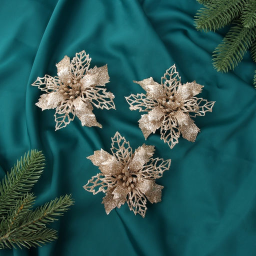 Цена за 2 шт. Ёлочные игрушки 3 шт. Цветы блеск резные на зажимах, 10.5 см, золото