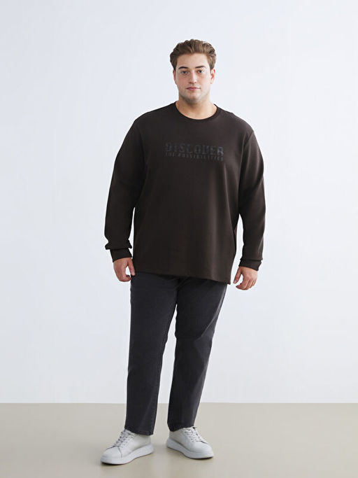 B?y?k Beden Bisiklet Yaka Bask?l? Erkek Sweatshirt