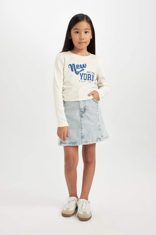 Укороченная футболка с длинными рукавами в рубчик с принтом и круглым вырезом для девочек - Defacto фото 2