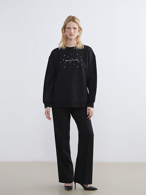 Bisiklet Yaka Ta?l? Kad?n Kal?n Sweatshirt