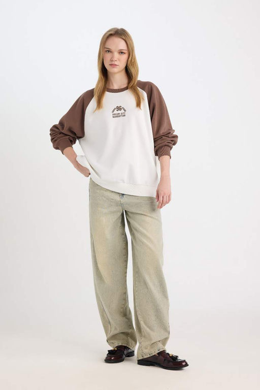 Женская классная толстовка свободного покроя с круглым вырезом и цветным принтом - Defacto фото 2