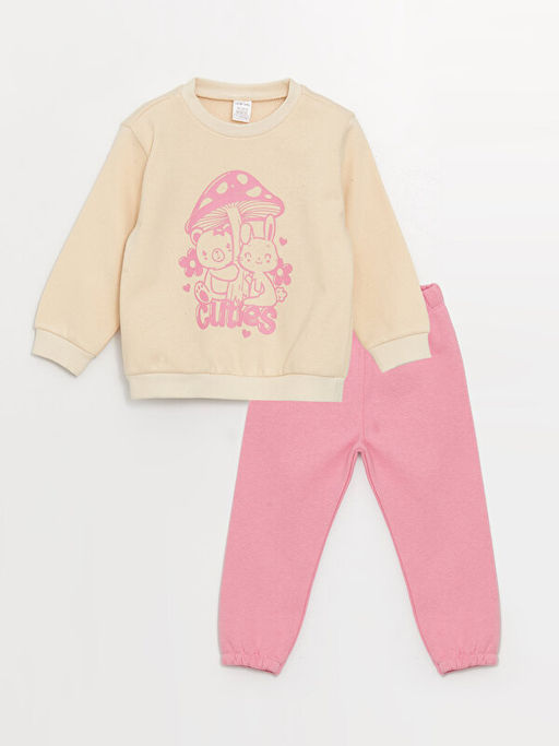 Bisiklet Yaka Uzun Kollu Bask?l? K?z Bebek Sweatshirt ve E?ofman Alt 2li Tak?m