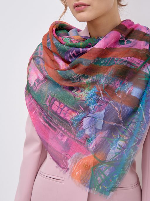 Большой, красивый двусторонний платок с рисунком в стиле арт-декои необычной текстурой ткани - Tantino фото 6
