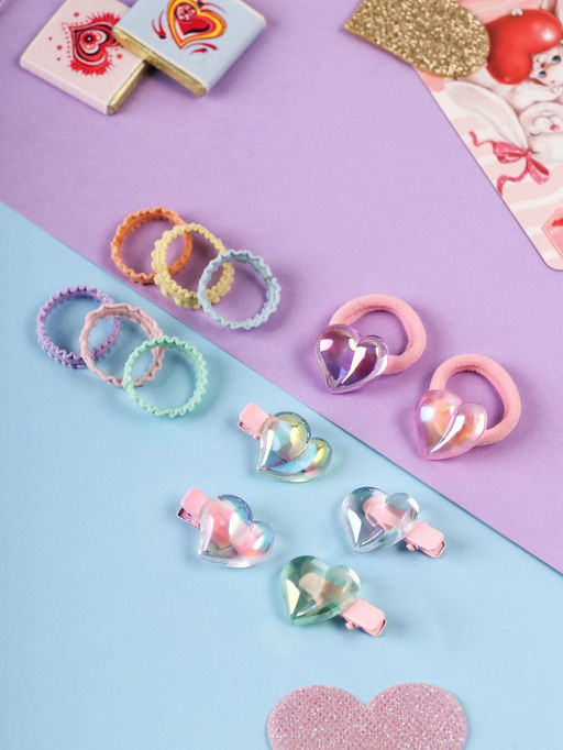 Цена за 12 шт. Набор для волос «Аделия»: 10 резинок 3 см, 4 зажима 3 см, сердце, МИКС