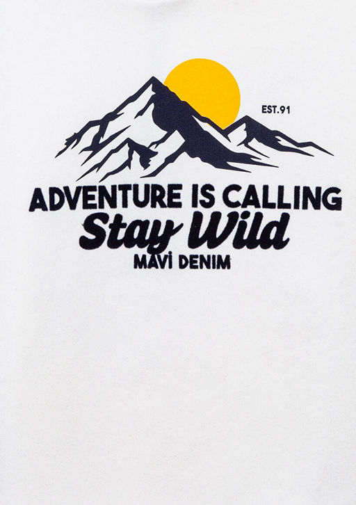 Kapusonlu Bask?l? Beyaz Sweatshirt - Mavi фото 5