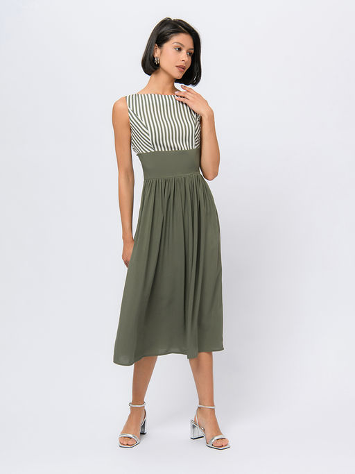 Платье цвета хаки длины миди с принтованным верхом и без рукавов - 1001dress фото 3