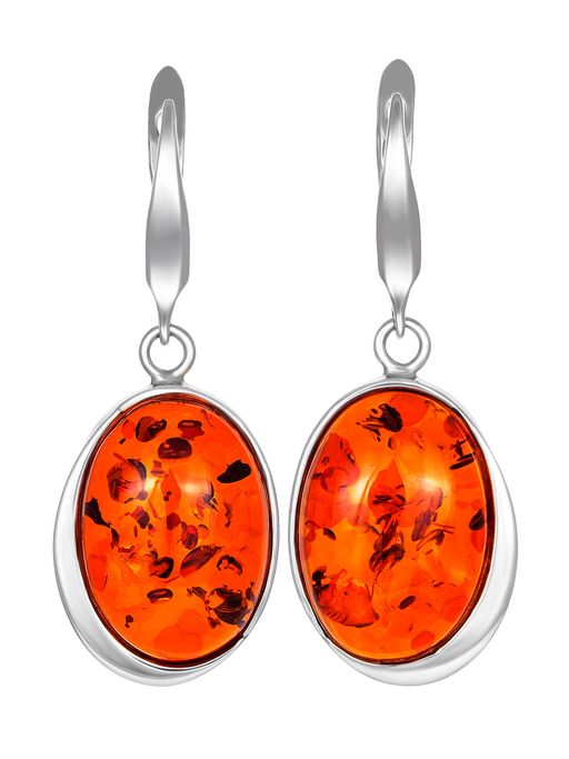 Стильные крупные серьги из натурального коньячного янтаря с серебром Глянец