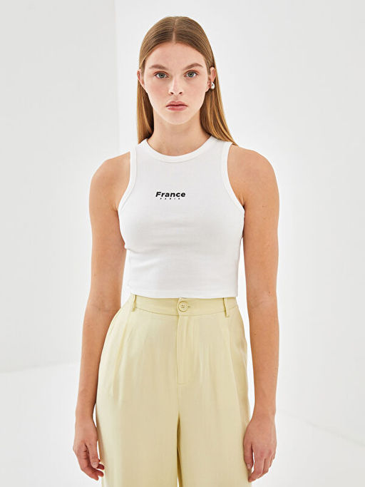 Bisiklet Yaka Bask?l? Kad?n Crop