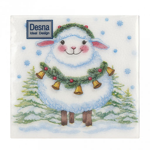 Салфетки бумажные "Desna Design" 24х24см, 1 слойные, 40 штук в упаковке, 100% целлюлоза, "Овечка с колокольчиками" (Россия)