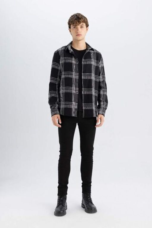 Хлопковая рубашка в клетку с длинными рукавами стандартного кроя - Defacto фото 2