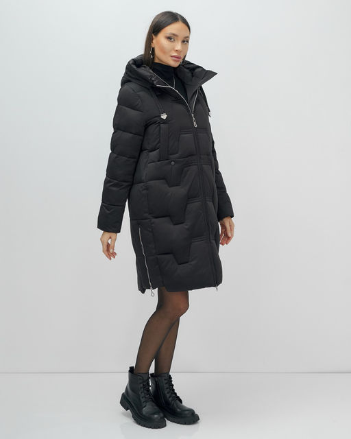 Пальто зимнее утепленное с капюшоном женское черного цвета 7638Ch - Visdeer фото 16