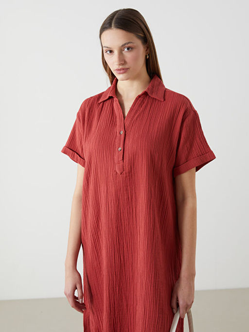 G?mlek Yaka Dokulu Oversize Elbise