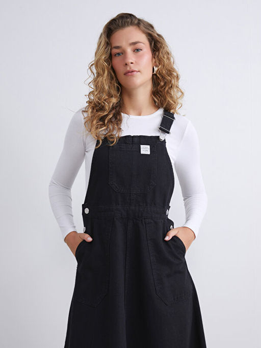 Kare Yaka Jean Salopet Elbise