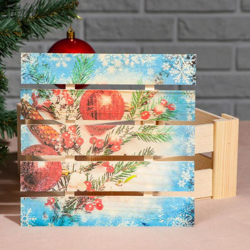 Подарочная коробка деревянная реечная «Ёлочная ветвь», 20×20×9 см, с крышкой, печать