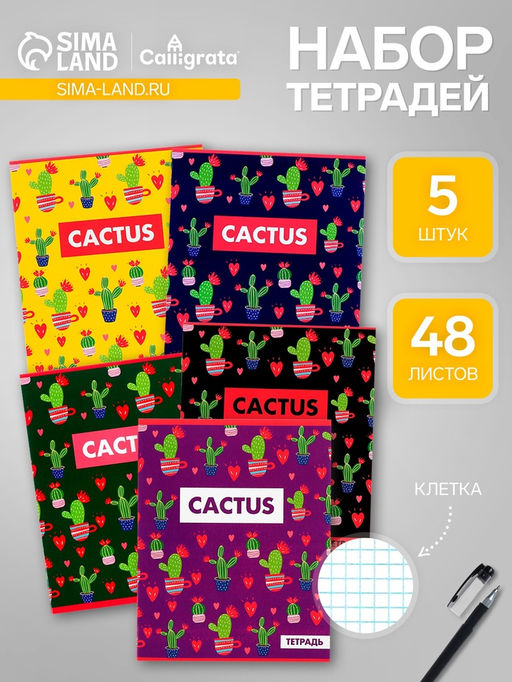 Комплект тетрадей из 5 шт Кактус, 48 листов, в клетку, обложка мелованный картон, блок офсет - Calligrata фото 2