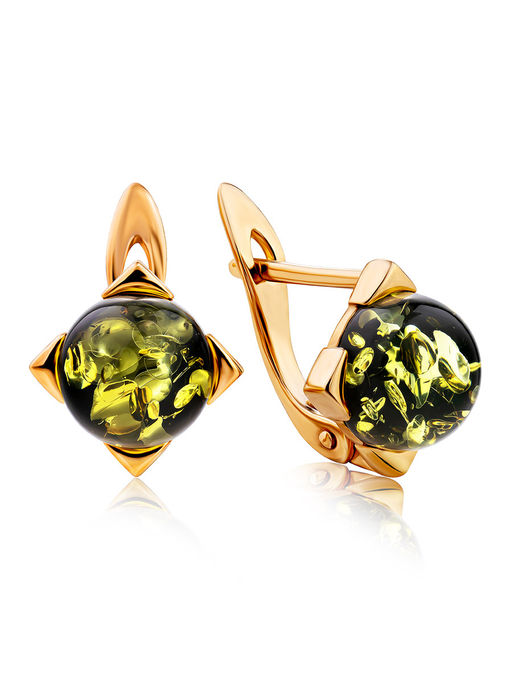 Миниатюрные позолоченные серьги с янтарем зелёного цвета Рондо