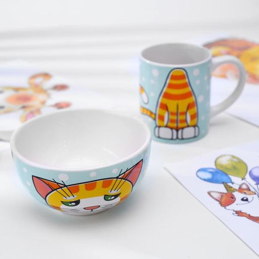 Набор детской посуды из керамики Рыжий кот, 2 предмета: кружка 200 мл, миска 300 мл - Simaland фото 3