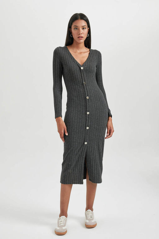 Облегающее платье миди в рубчик с V-образным вырезом и длинными рукавами - Defacto фото 2