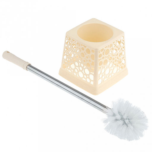 Ерш унитазный пластмассовый со съемной ручкой из нержавеющей стали "Пузыри" 44см, с подставкой 13х13см h12,3см, ванильный (Китай)