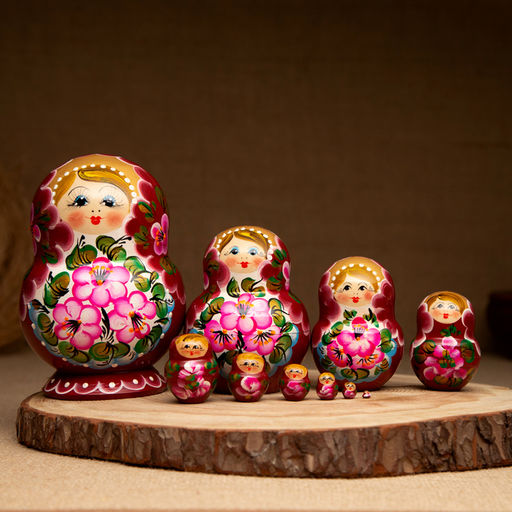 Матрёшка дерево «Цветочки розовое платье», 10 кукольная, 12-14 см