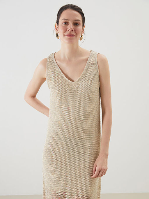 V Yaka Ajurlu Triko Elbise