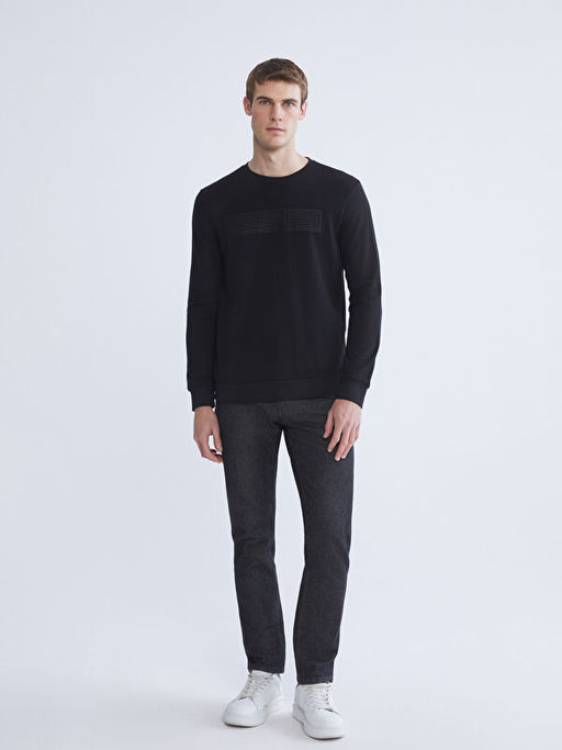 Bisiklet Yaka Uzun Kollu Bask?l? Erkek Sweatshirt