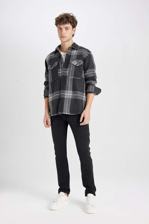 Мужская черная фланелевая рубашка с длинным рукавом стандартного кроя с воротником-поло в клетку и классическим кроем - Defacto фото 2