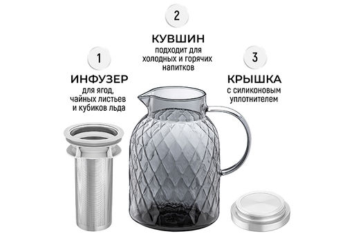 Кувшин 1,8 л 17*13*20,5 см Crystal glass + металл. инфузер с сил.прокладкой - Elan gallery фото 5