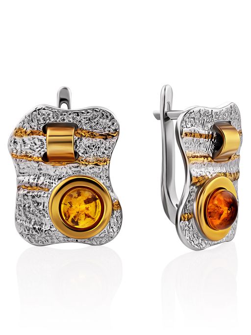 Оригинальные серьги Бубинга из серебра и золотистого янтаря