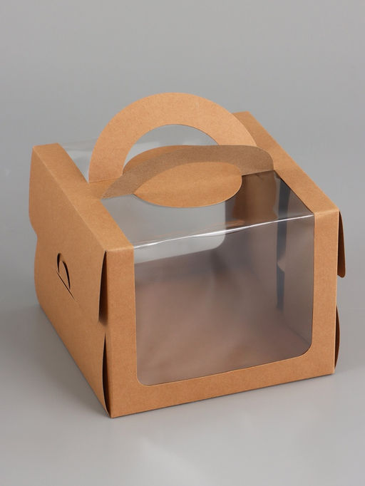 Коробка под бенто-торт с окном, крафт, 16×16×12.5 см