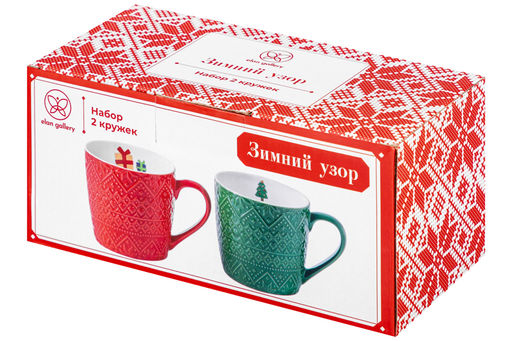 Набор 2 кружек 350 мл 12,5*9,5*9 см Зимний узор, красный и зеленый, фарфор - Elan gallery фото 7