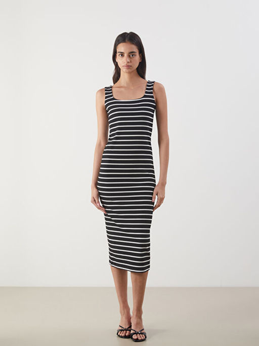U Yaka ?izgili Bodycon Elbise