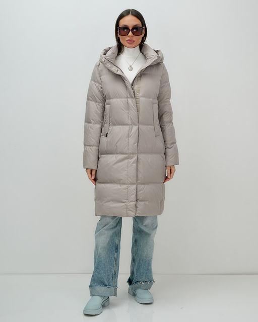 Пальто зимнее утепленное с капюшоном женское бежевого цвета 7618B
