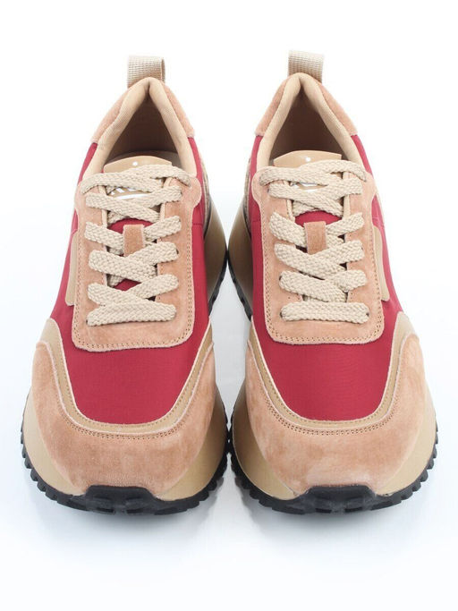 04-PDJ96-3 BEIGE/RED Кроссовки демисезонные женские (натуральная замша, натуральная кожа, текстиль)