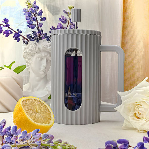 Френч-пресс пластмассовый корпус "Лилиан" 600мл, колба из жаропрочного боросиликатного стекла s2мм, пресс-фильтр из нержавеющей стали s0,3мм, ребристая поверхность, серый, цветная коробка, "TalleR" (Китай)