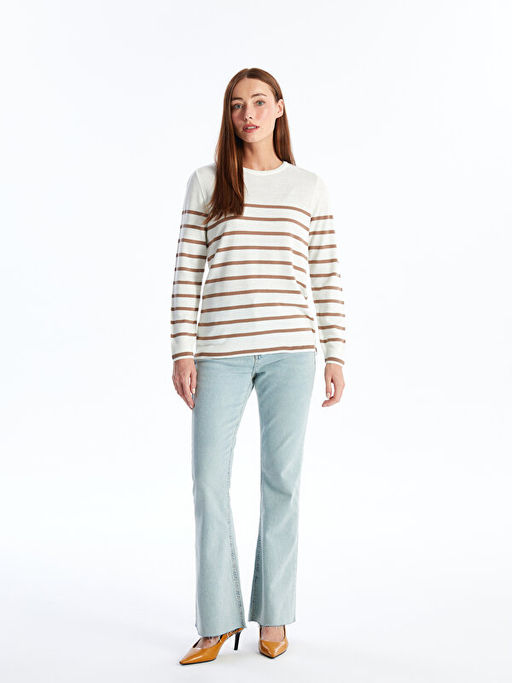 Bisiklet Yaka ?izgili Uzun Kollu Kad?n Triko Kazak