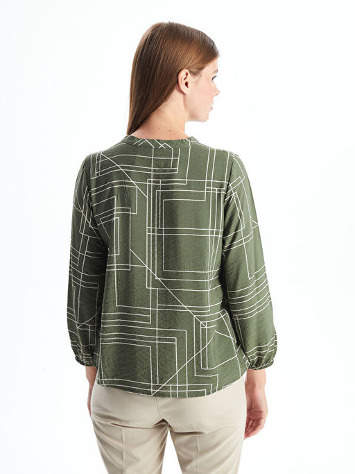 Ba?lamal? Yaka Desenli Uzun Kollu Kad?n Bluz