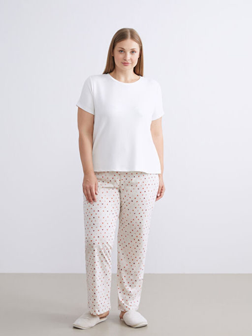 B?y?k Beden Beli Lastikli Kalp Bask?l? Kad?n Pijama Alt?