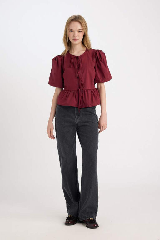 Женская поплиновая блузка с короткими рукавами и круглым вырезом стандартного кроя с завязками спереди - Defacto фото 2