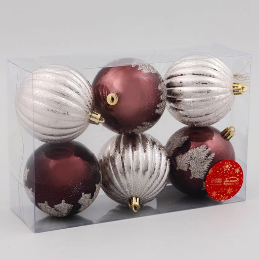 Ёлочные игрушки Сказочные узоры перья, полосы, шары новогодние, d=8 см, набор 6 шт., коричневый серебро - Зимнее волшебство фото 2