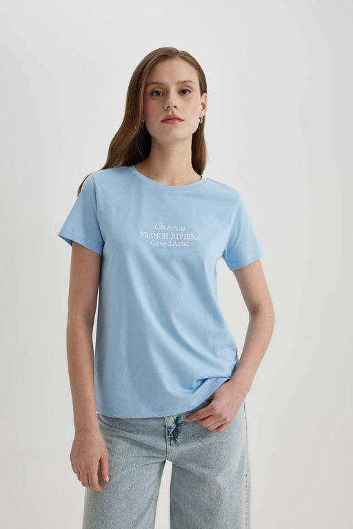 Футболка обычного кроя с круглым вырезом и принтом из чесаного хлопка с короткими рукавами - Defacto фото 3