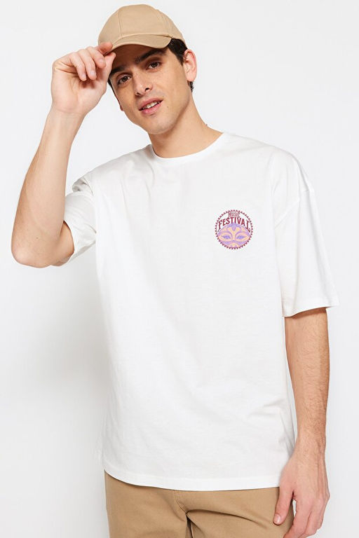 Ekru Unisex Oversize/Geni_ Kesim Etnik S_rt Bask_l_ %100 Pamuklu T-shirt TMNSS23TS00212 - Trendyolmilla фото 2