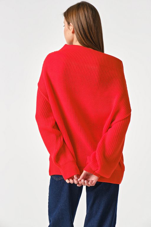 Джемпер вязаный оверсайз с длинным рукавом алый - Fly фото 4