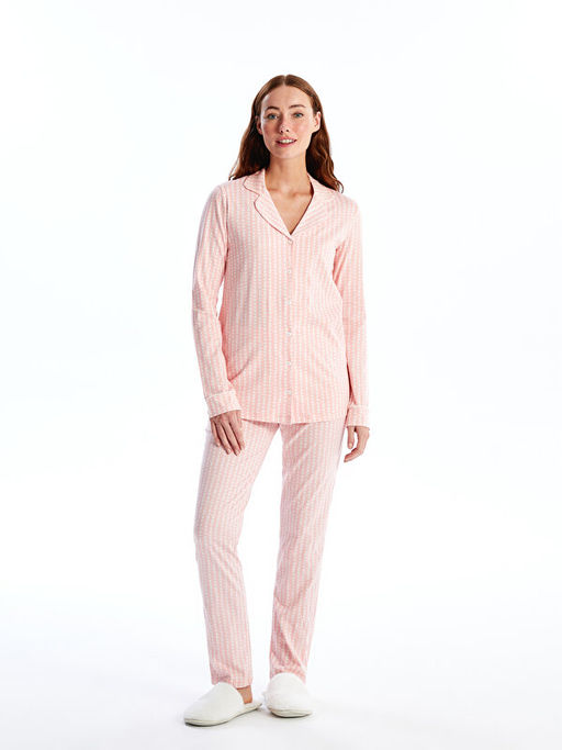 G?mlek Yaka Desenli Kad?n Pijama Tak?m?