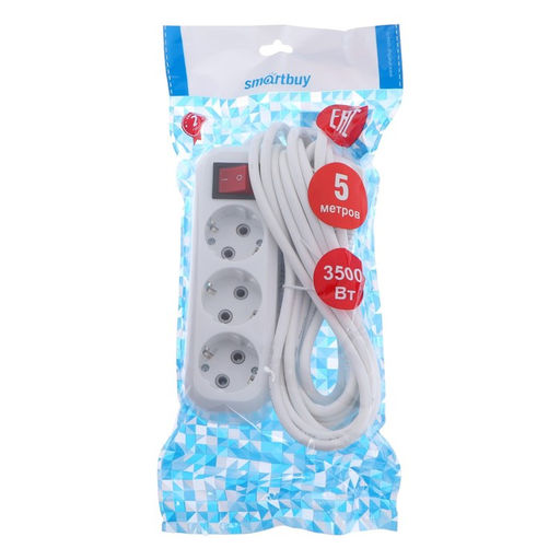 Удлинитель сетевой Smartbuy, 3 розетки, 5 м, 3500 Вт, ПВС 3×1 мм2, 2 USB-A USB-C, 2.1 А, с заземлением, с выключателем, белый